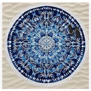 Loft Blue Round Beach Towel Thick Cotton Fringe Trim Mandala Style NWOT